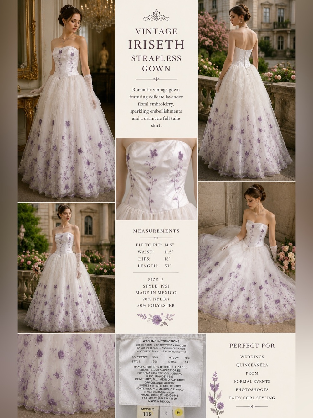 Vintage Iriseth Strapless Bridal Gown Sz 6 White Purple Floral Embroidered Dress
